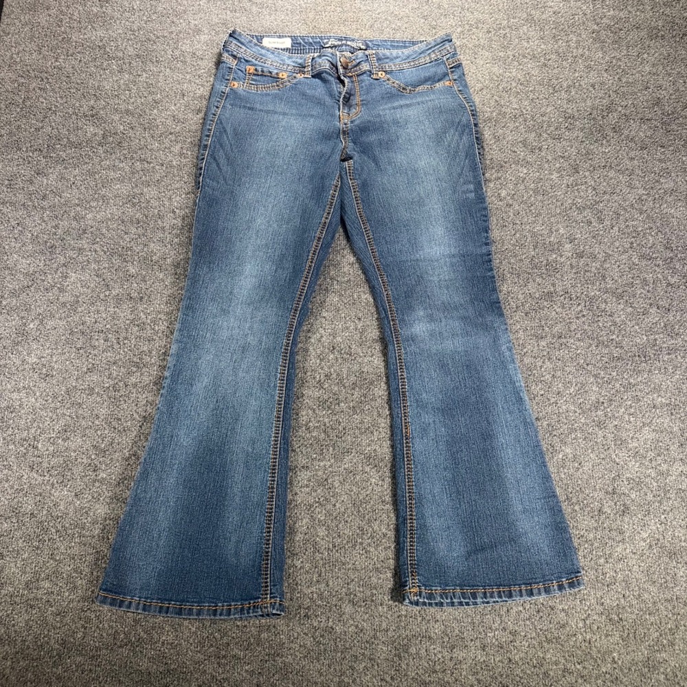 Source of Wisdom Slim Bootcut Jeans Blue Denim Stretch Mid Rise Size 12 Womens